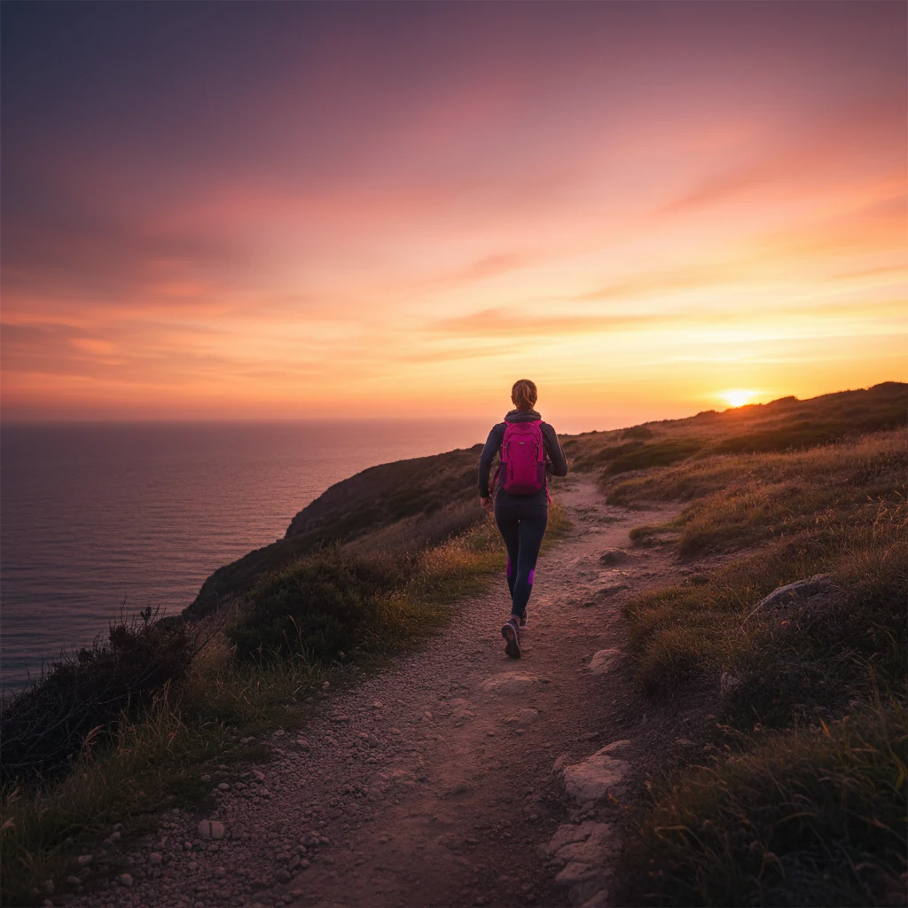 Anonymous figure walking along a coastal cliff path at golden hour - active lifestyle support