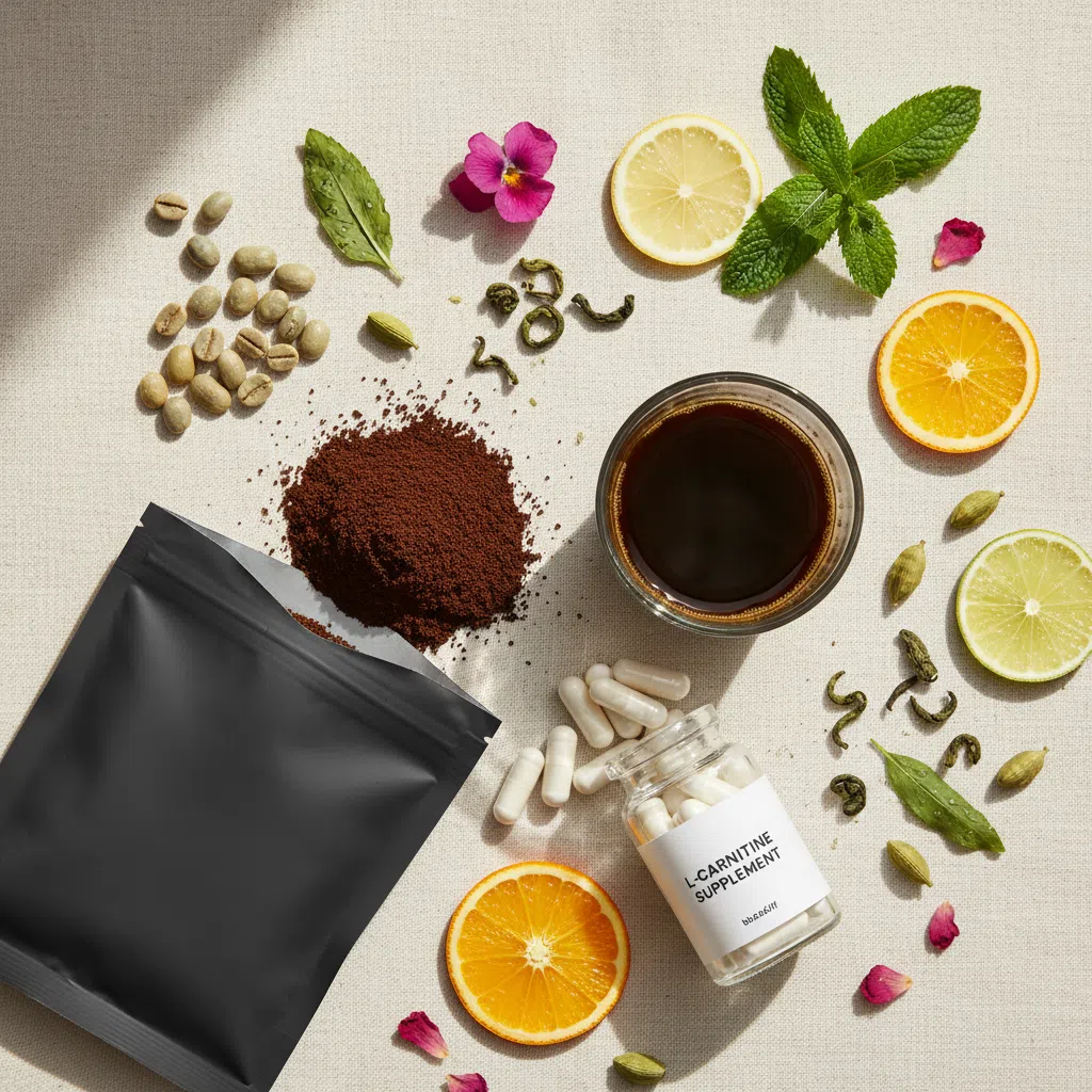 Flat-lay of green coffee beans, green tea leaves and L-Carnitine supplement ingredients for Wellaray Coffee